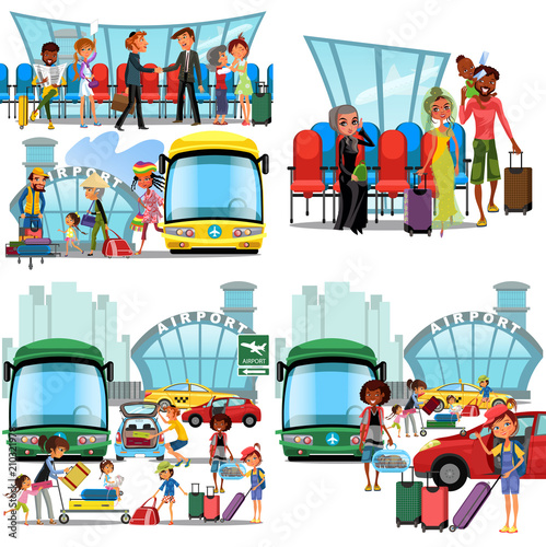 People in airport flat color icons set of pilot stewardess tourists with travel bags at checkpoint and security screening isolated vector illustration