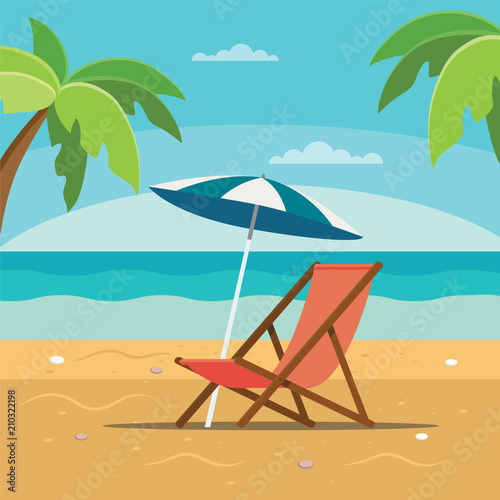 Photographie Beach chaise longue with umbrella, beach scene with sea and palms