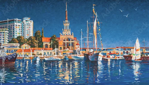 Fototapeta samoprzylepna Jachty na tle portu morskiego w Soczi w pogodny dzień. Malarstwo: płótno, olej. Autor: Nikolay Sivenkov.
