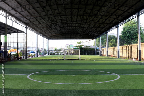 Football field Small, Futsal ball field in the gym indoor, Soccer sport field outdoor park with artificial turf