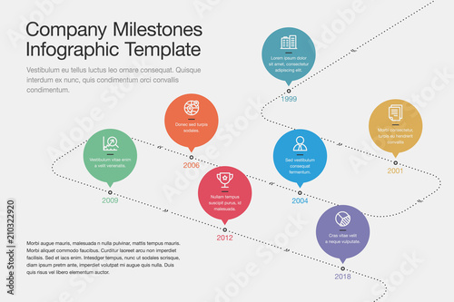 Simple visualization for company milestones timeline template with colorful circles and stroke icons on a curved road line. Easy to use for your website or presentation.