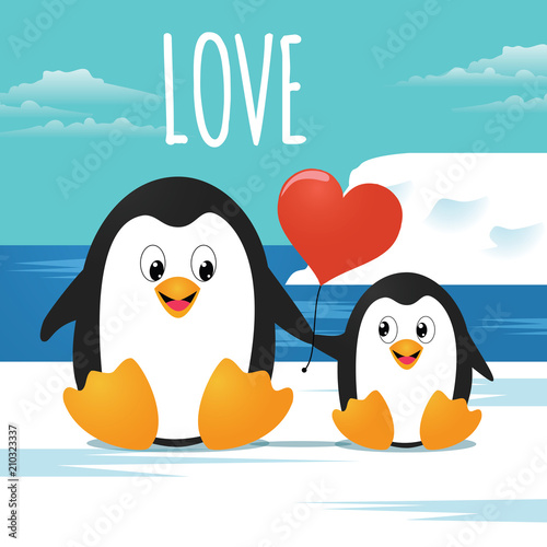 Cute Penguins with Heart Balloon