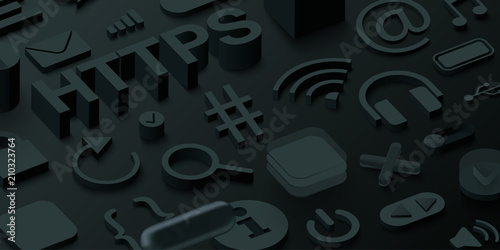 Black 3d htpps background with web symbols.