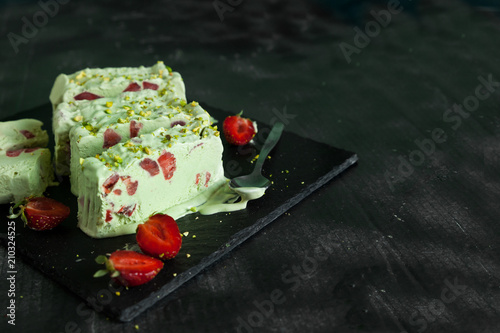 Pistachio ice cream with strawberry