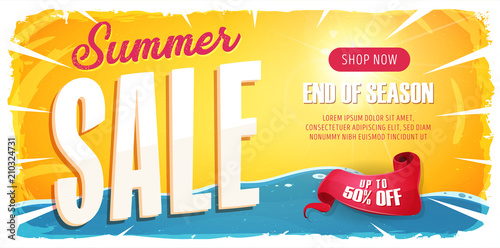 Summer Sale Wide Banner/
Illustration of a wide summer sale template banner with colorul elements, typography and grunge frame photo
