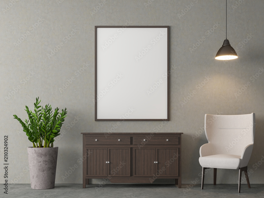 Loft style living room 3d render,There are polished concrete floor decorate with blank picture frame with clipping path.Furnished with white fabric armchair. Loft style living room 3d render,There are polished concrete floor decorate with blank picture frame with clipping path.Furnished with white fabric armchair.