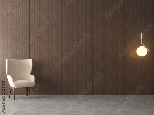 Fototapeta Naklejka Na Ścianę i Meble -  Modern loft empty room 3d render.There are polished concrete floor and wood panel wall.Furnished with white fabric armchair.