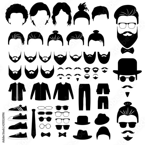  Hipster style set with hair, beards, glasses, clothes, hat isolated on white background