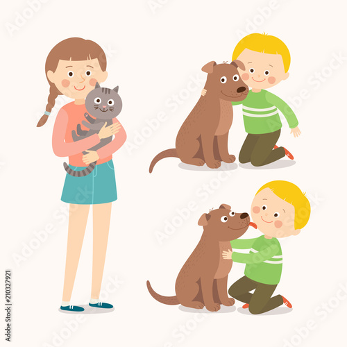 Children And Pets. Child Lovingly Embraces His Pet Dog. Little Dog Licking  Boy'S Cheek. Teenage Girl With Her Cat. Best Friends. Cartoon Vector Clip  Art Illustration On White Background. Stock Vector |