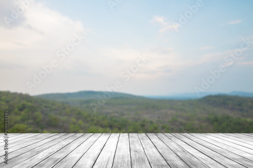 Wallpaper Mural Old dark wood table or floor on landscape view  with green plant and mountain, can be used to present product Torontodigital.ca