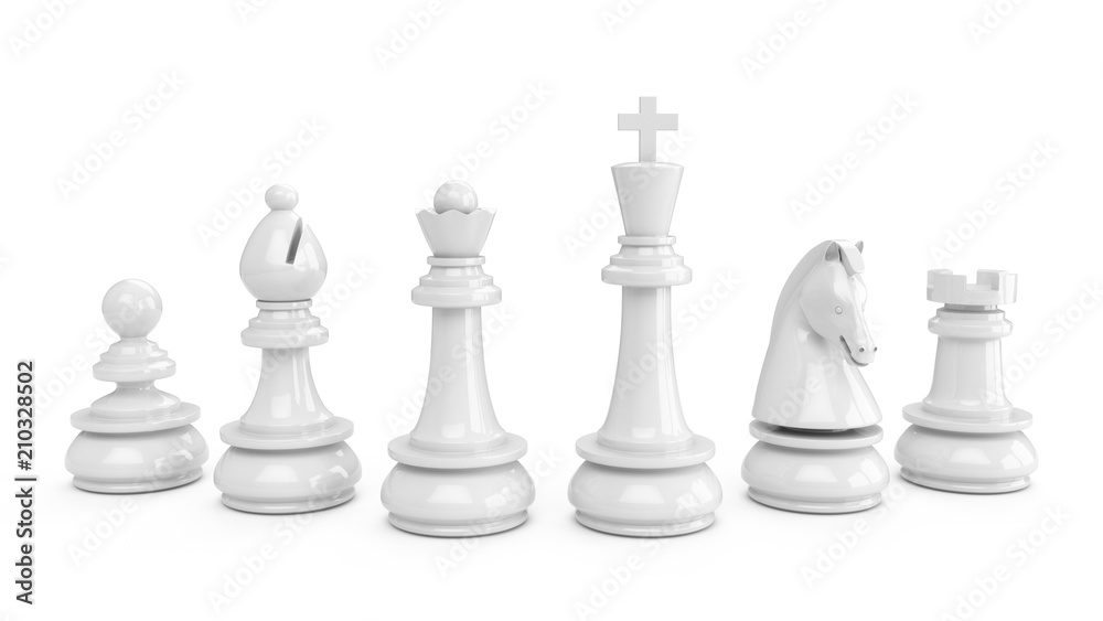 3D Rendering White chess pieces isolated on white background