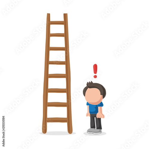 Vector hand-drawn cartoon of man looking wooden ladder with exclamation mark