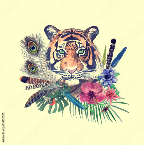 Hand drawn watecolor pattern with tiger head, leaves, feathers, flowers.