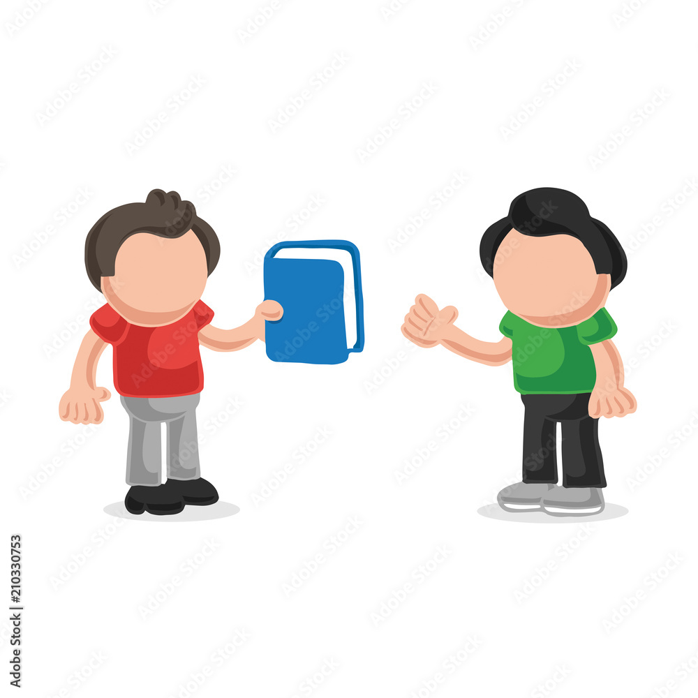 Vector hand-drawn cartoon of man giving book to another man Vector hand-drawn cartoon of man giving book to another man