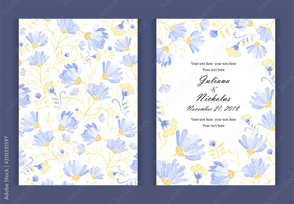 Watercolor flower  background border. Invitation card for a birthday or wedding. Floral patterns. Size: 5