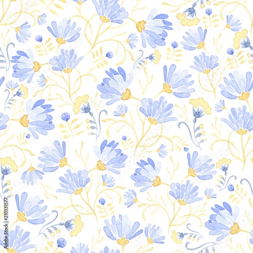 Seamless Watercolor background with floral patterns. Blue tulips, chamomile, leaves. Summer ornament. It can be used for wallpaper, printing on the packaging paper, textiles.