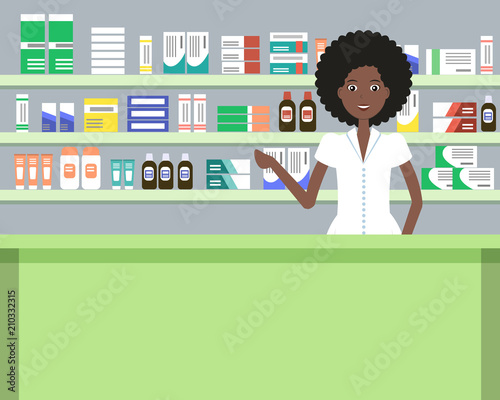 Web banner of a pharmacist. Cute black woman in the workplace in a pharmacy: standing in front of shelves with medicines. Vector illustration in a cartoon style