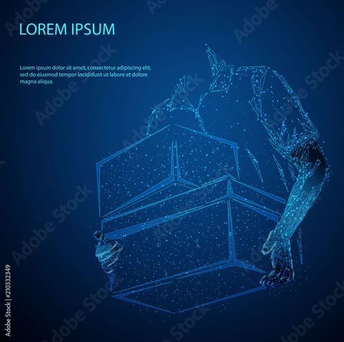 Delivery man delivering parcel boxes, job concept, web banner with copy space. Starry sky or space, consisting of stars and the universe. Vector business illustration. Low poly vector