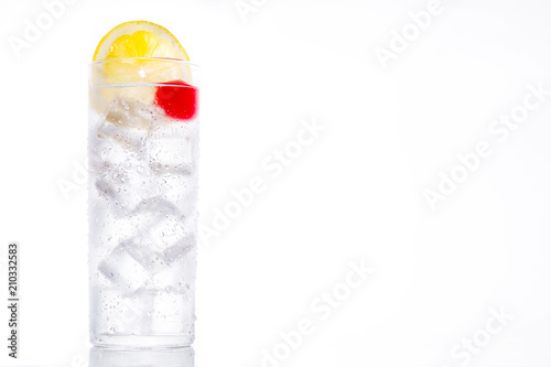 Foto Classic Tom Collins cocktail on white background. Copyspace