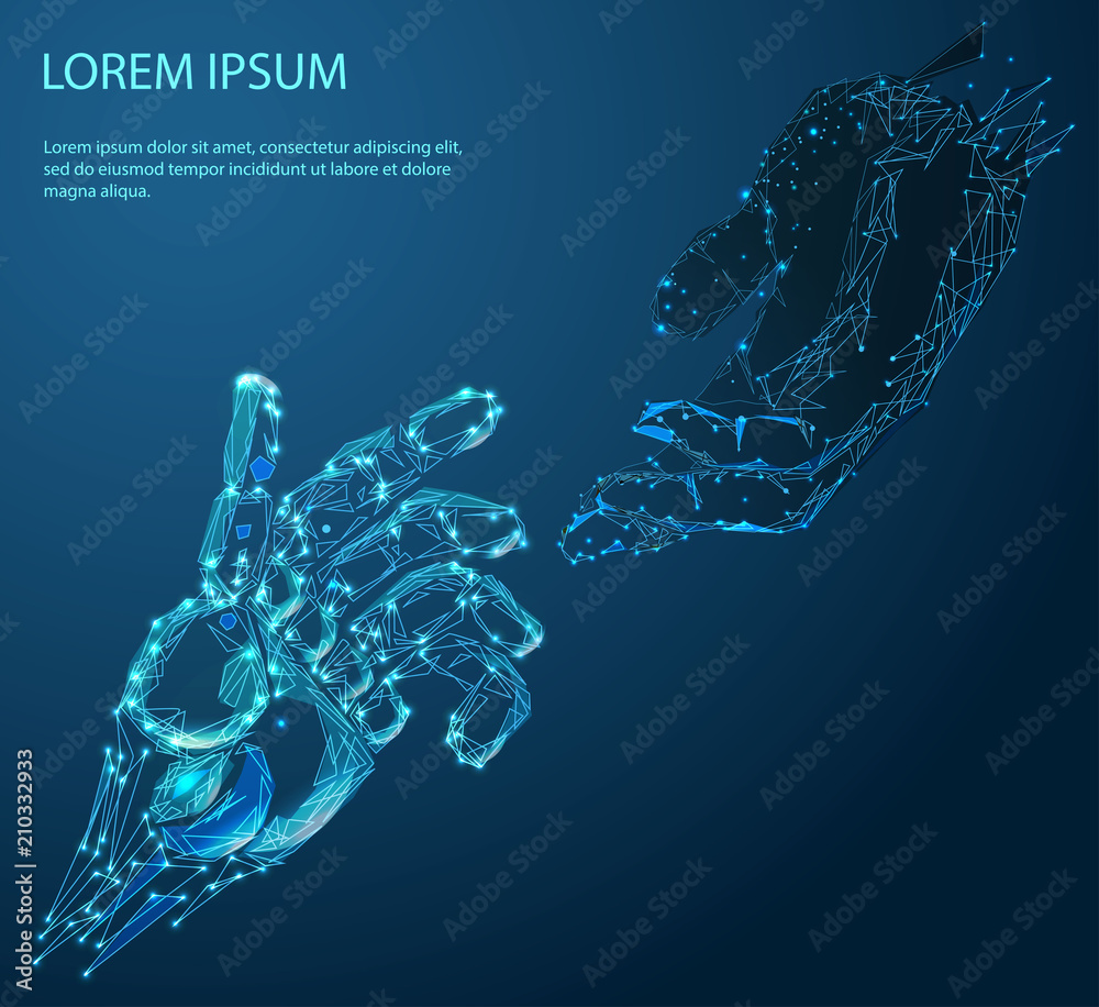 Fototapeta premium Robot hands and human hands touching. The illustration can be used to design artificial intelligence business banners. Technological concept. Low poly vector drawing