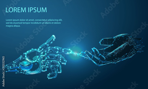 Robot hands and human hands touching. The illustration can be used to design artificial intelligence business banners. Technological concept. Low poly vector drawing