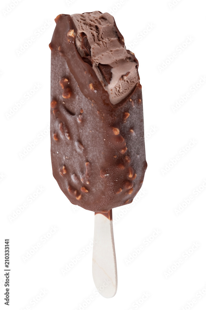 Obraz premium Ice Cream on stick, Popsicle covered with chocolate and almond isolated on white, clipping path