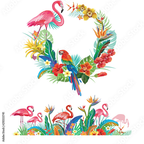 Frame and border from tropical flowers and Flamingoes