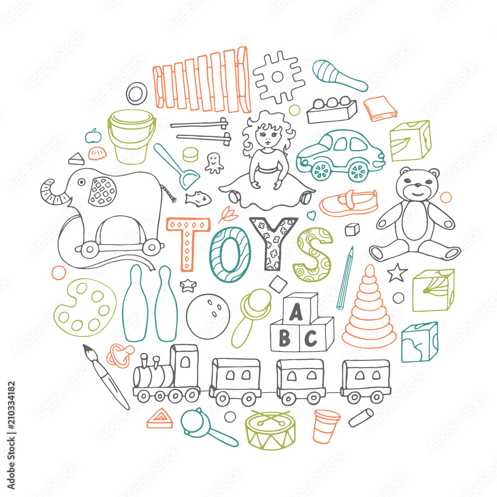 Toys. Set of sketches from different toys on white background. Hand drawn baby vector illustration. 
