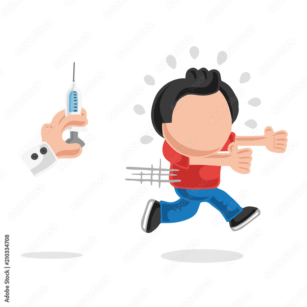 Vector hand-drawn cartoon of man afraid and running from doctor's syringe