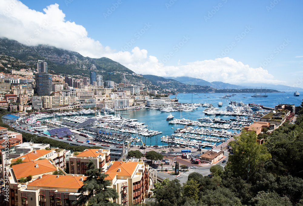.Monte-Carlo, Beautiful View of Luxury Yachts, Boats and Apartments in harbor of Monaco