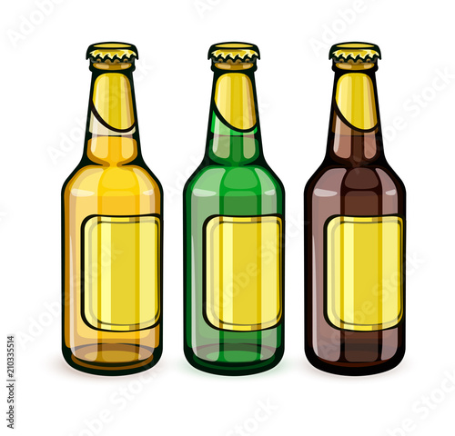 Beer bottles with blank gold labels. Set of full filled crafting
