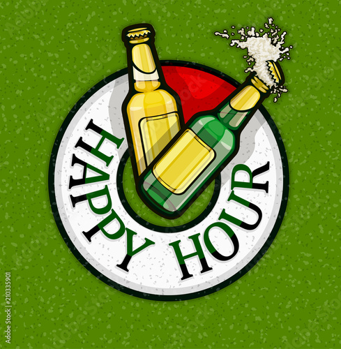 Happy hour with free beer in bottles. Brewery concept of poster