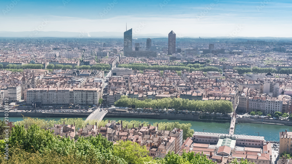 Lyon, aerial view, colorful houses, bridges and towers in the old center 
