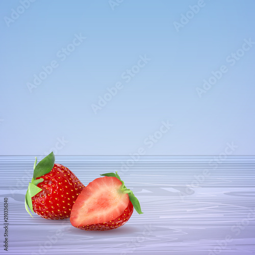 Vector strawberries half and whole on a blue wooden table. Stock illustration