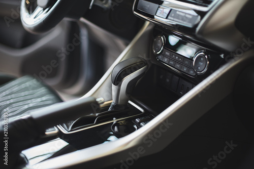 Closeup gearbox of car black color,Black car gear auto of city car © izikmd