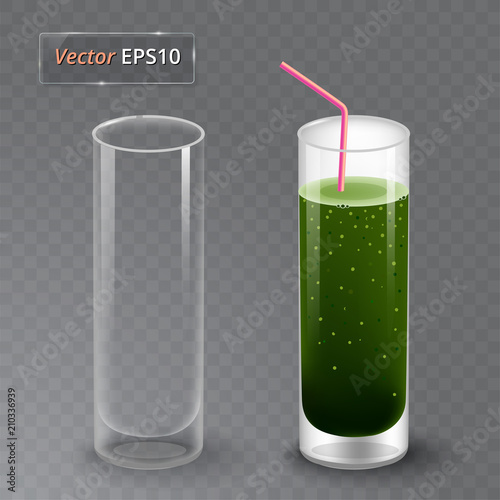 Juice and an empty glass. Fruit organic drink. Healthy diet. Clean eating. Tall glass with beverage. Transparent photo realistic vector illustration.