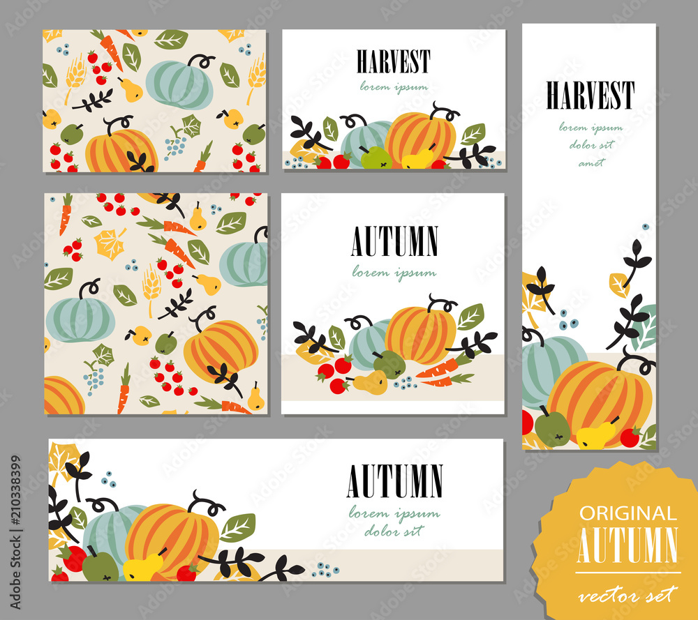 PrintSet of autumn templates. Leaflet, greeting card, banner, poster with vegetables, fruits, berries and leaves. Vector illustration for promo, sales campaign advertising.