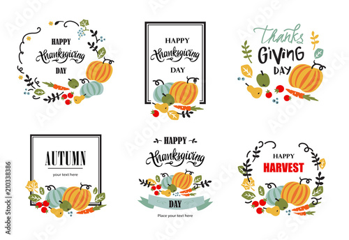 Set of happy Thanksgiving hand drawn typography poster. Elements for Thanksgiving greeting card with vegetables, fruits, berries and leaves. Vector calligraphy lettering, sign, symbol, banner.