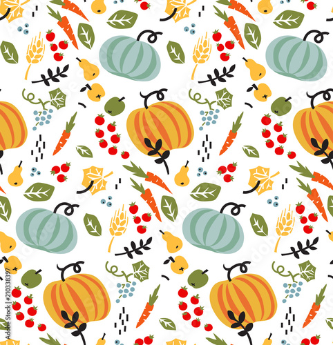 Seamless pattern with vegetables, fruits and leaves. Vector autumn background.