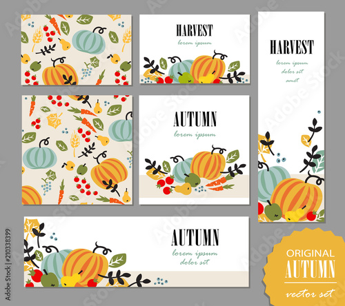 PrintSet of autumn templates. Leaflet, greeting card, banner, poster with vegetables, fruits, berries and leaves. Vector illustration for promo, sales campaign advertising.
