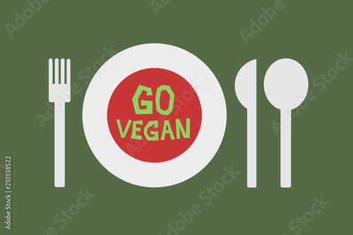 Go vegan - food is served on the plate. Persuasion and motivation to become veganist. Vector illustration