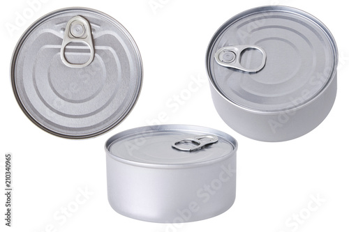 Tin can with pull ring isolated. Isolated metal packaging. Top view photo.