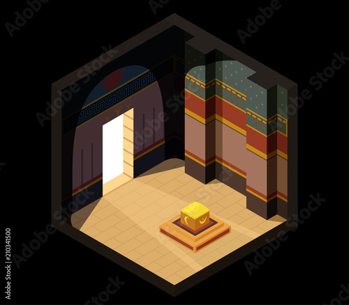 Stock Vector Illustration of an isometric Egyptian tomb with a chest. An ancient forgotten room of the pharaoh with a treasure. Dark background.