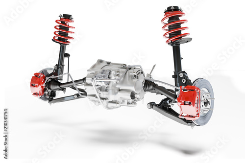 3d car suspension and brake system on white background