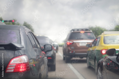 traffic jam of cars, smog pollution on the road, blur picture