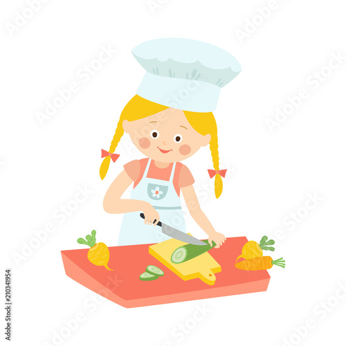 Little girl in apron cooking, cutting, slicing cucumber for salad, cartoon vector illustration isolated on white background. Cartoon girl cutting cucumber, helping mother with cooking.