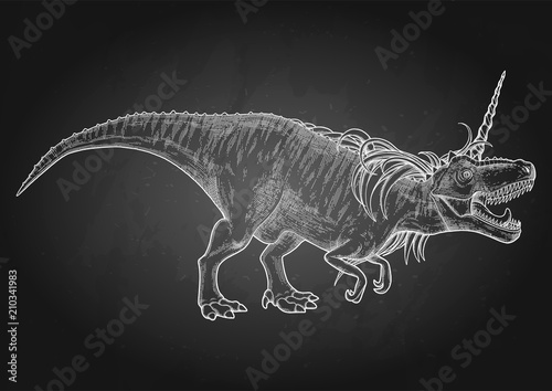 Graphic tyrannosaurus with unicorn horn and mane.