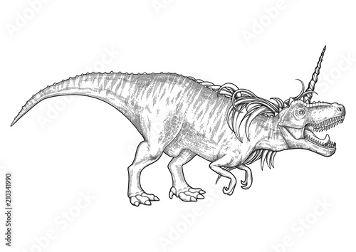 Graphic tyrannosaurus with unicorn horn and mane.