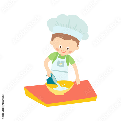 Little boy cooking a pie, pancakes. Little chef. Vector hand drawn eps 10 clip art illustration isolated on white background.