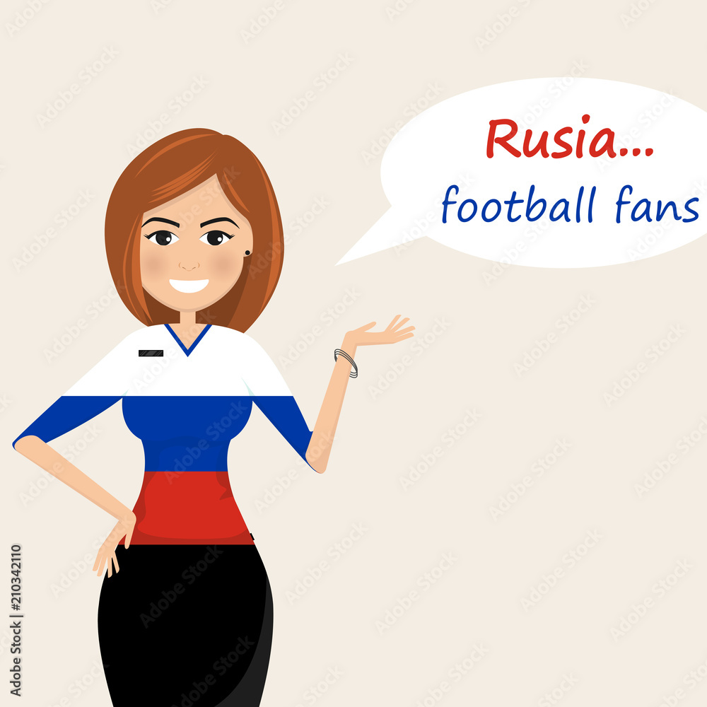 Russia football fans.Cheerful soccer fans, sports images.Young woman,Pretty girl sign.Happy fans are cheering for their team.Vector illustration Russia football fans.Cheerful soccer fans, sports images.Young woman,Pretty girl sign.Happy fans are cheering for their team.Vector illustration